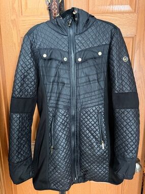 Michael Kors Black Quilted Hooded Puffer Jacket with Gold Accents